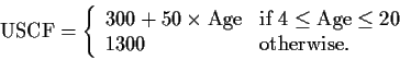 \begin{displaymath}
\mbox{USCF} =
\left\{
\begin{array}{ll}
300 + 50\times \m...
...e} \leq 20$} \\
1300 & \mbox{otherwise.}
\end{array}\right.
\end{displaymath}